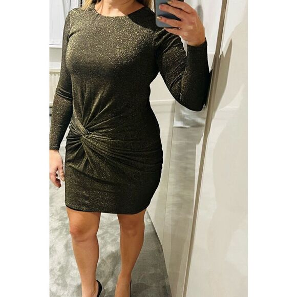 Ted Baker Women’s Size 2 Gold Knot Front Lurex Dress Long Sleeve Knee Length - Picture 3 of 13